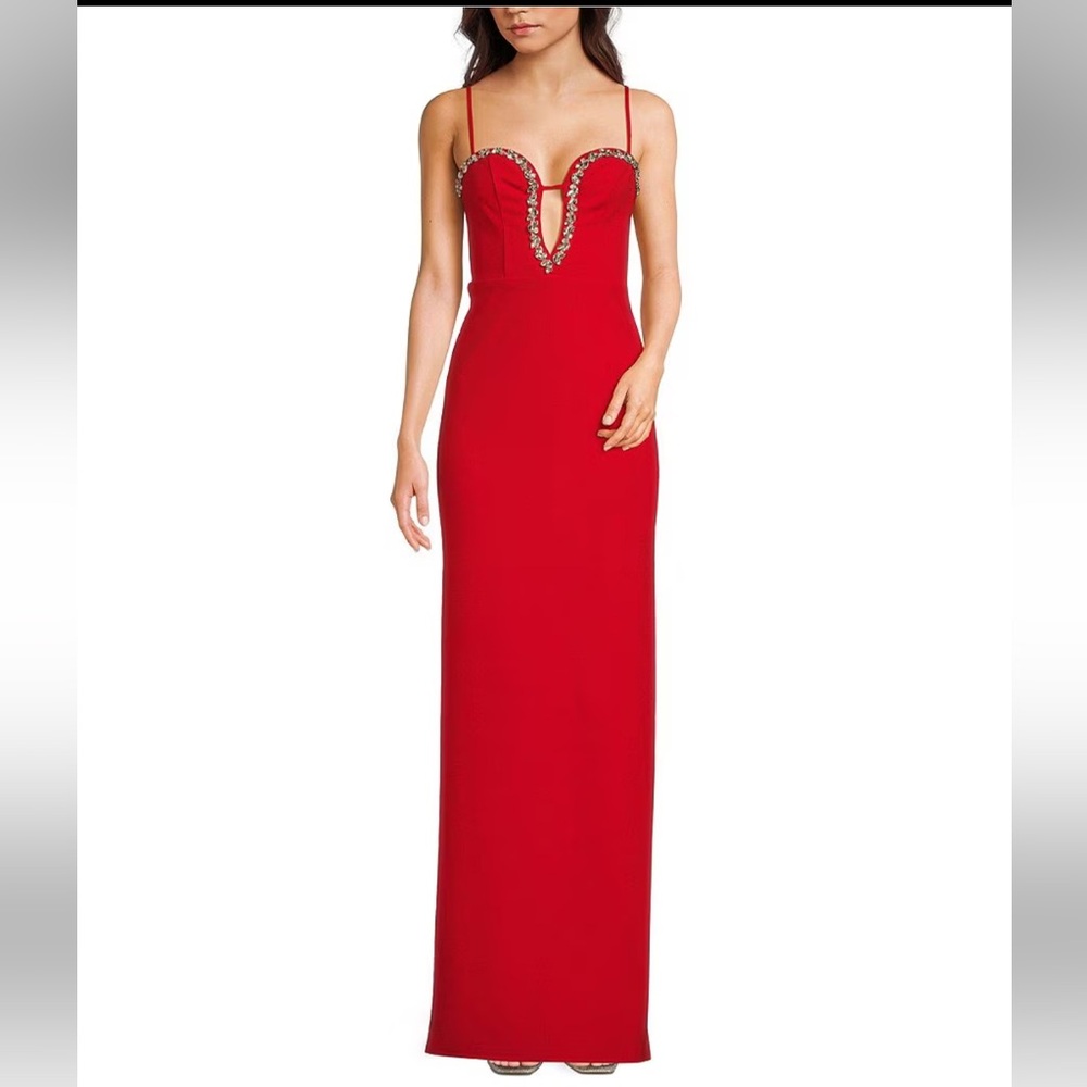 Lulus Jasmine Red Rhinestone Split V Sparkle Neckline Crepe Dress